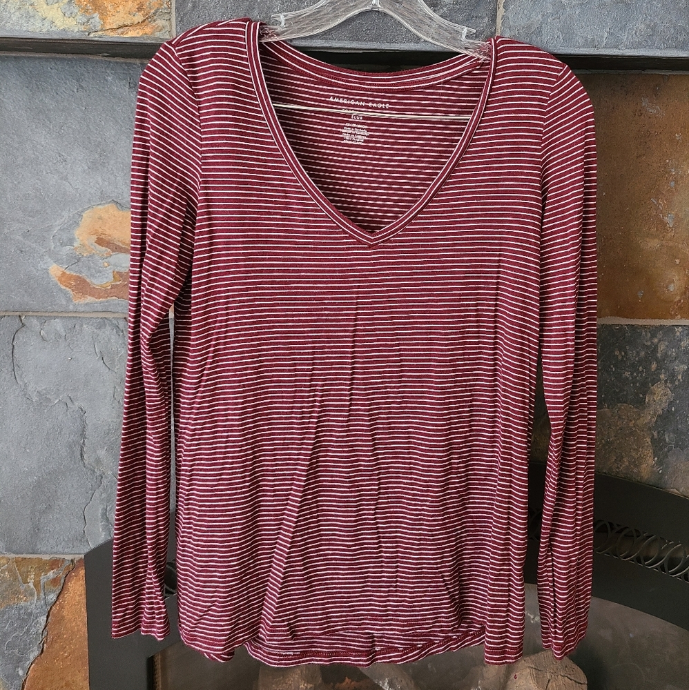American Eagle Soft and Sexy Slub Red White Striped V Neck Long Sleeve Top xs